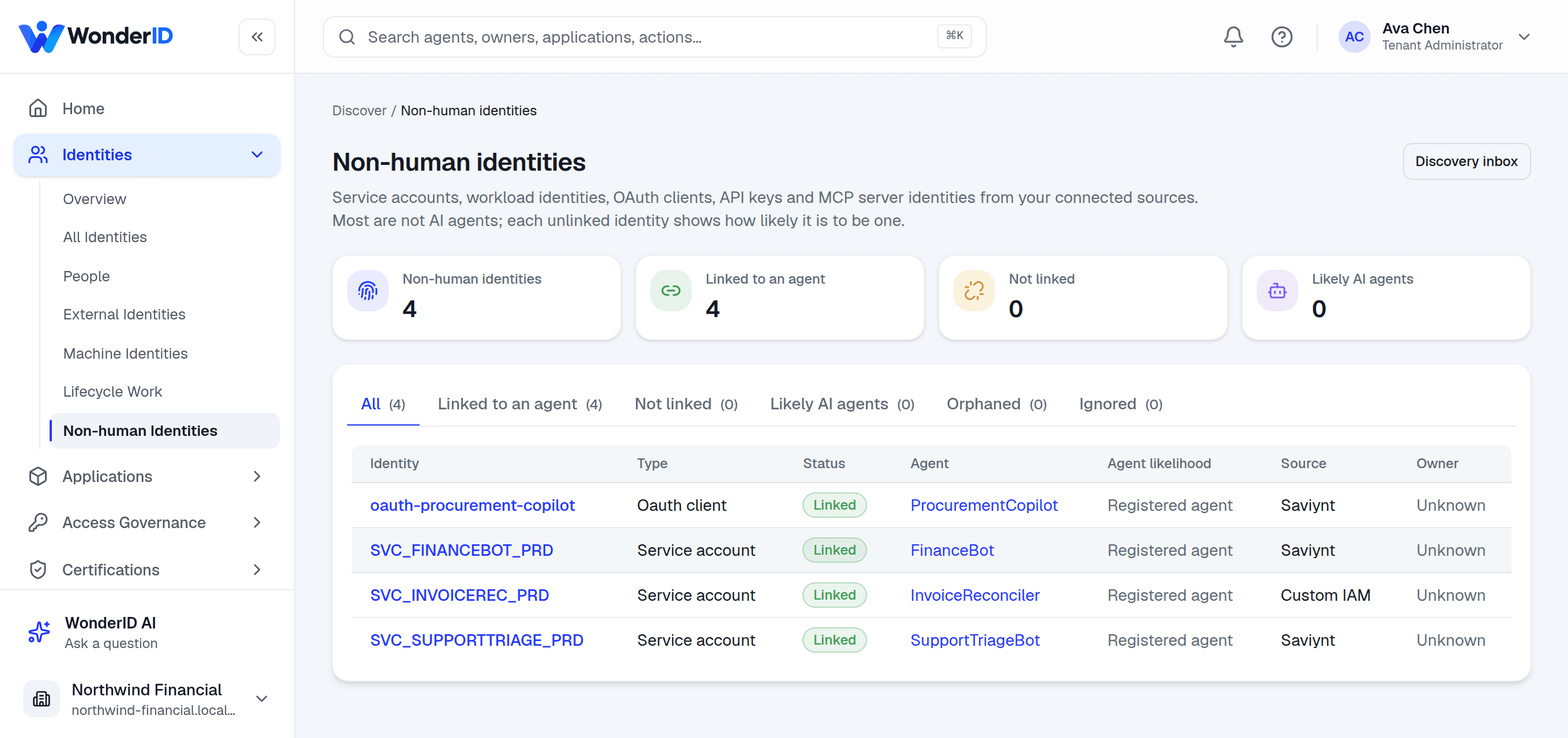 The Non-human identities inventory: service accounts and an OAuth client imported from Saviynt and a custom IAM, each linked to the AI agent it runs as.