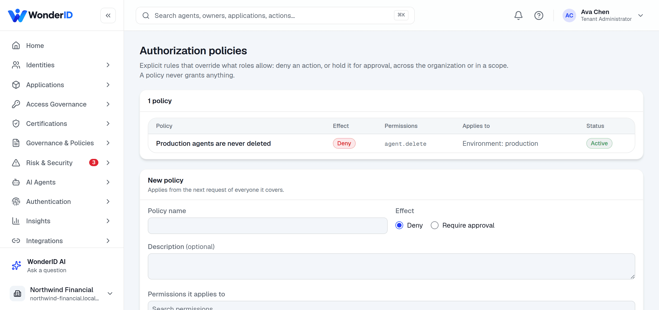 The Authorization policies screen with a policy denying agent deletion in production.