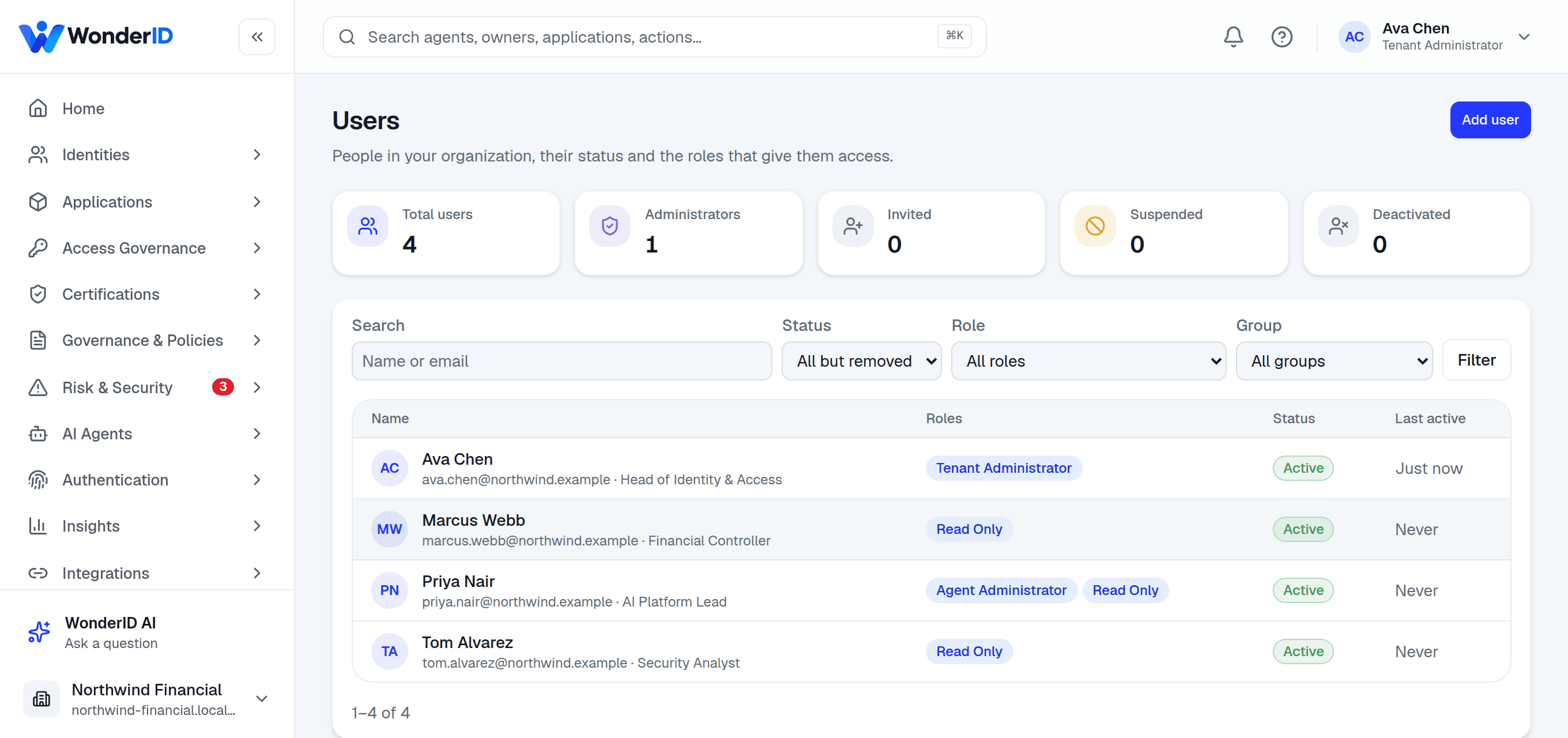 The Users screen: four people with their job titles, roles, status and last activity, filterable by status, role and group.
